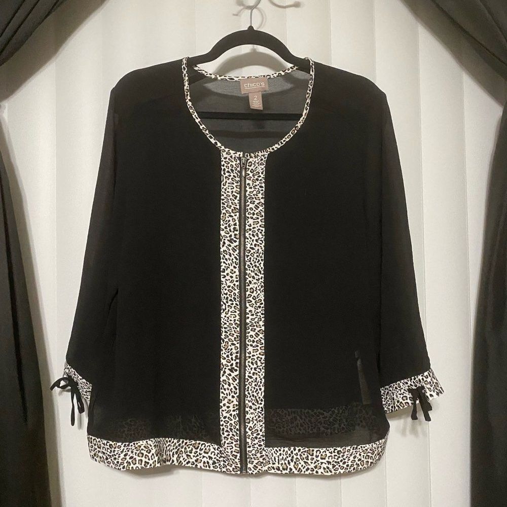 Chicos Sheer Black Zip Cheetah Trim Jacket, sheer. Ties on 3/4 sleeves.